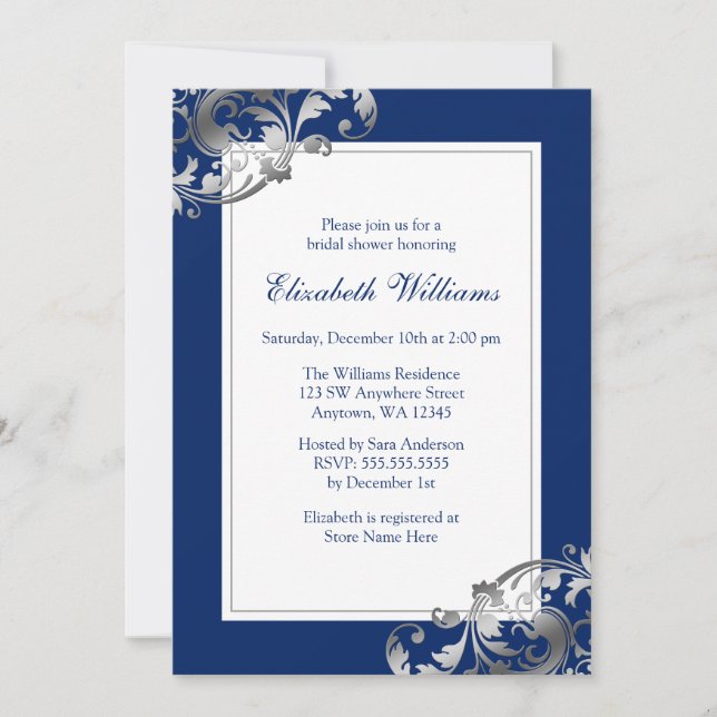 Navy Blue Faux Silver Flourish Swirl Bridal Shower Invitation (Front)