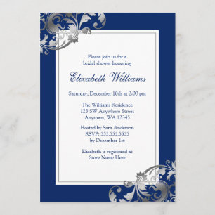 Navy Blue Faux Silver Flourish Swirl Bridal Shower Invitation