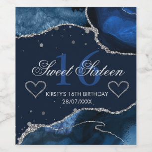 Navy Blue & Faux Silver Glitter Agate Sweet 16 Wine Label