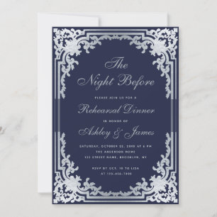 Navy Blue Faux Silver Vintage Rehearsal Dinner Invitation