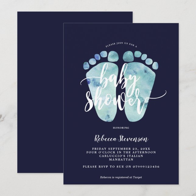 navy blue feet boy baby shower invitation (Front/Back)