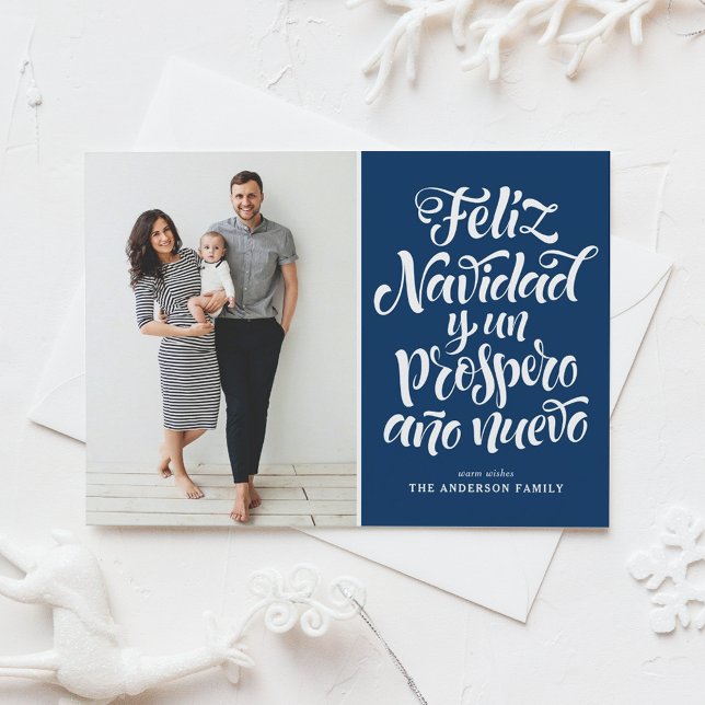 Navy Blue Feliz Navidad Script Christmas Photo Holiday Card (Creator Uploaded)