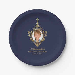 Navy Blue First Holy Communion Boy Photo Faux Gold Paper Plate