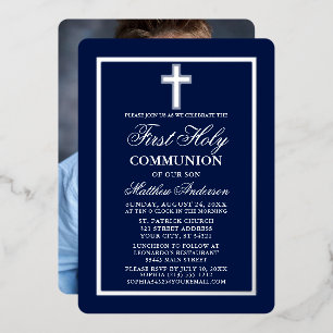 Navy Blue First Holy Communion Photo Cross Silver