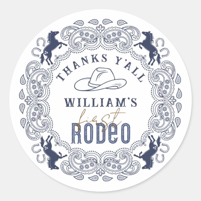 Navy Blue First Rodeo Birthday Favour Sticker – We (Front)