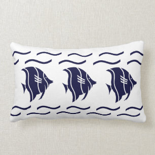 navy blue fish & waves on a white  PILLOW
