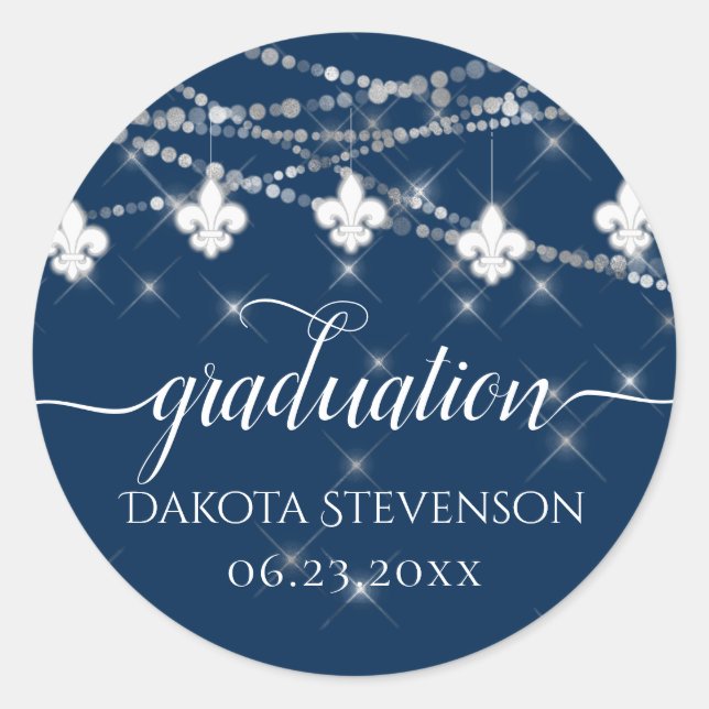Navy Blue Fleur de Lis Fairy Light | Graduation Classic Round Sticker (Front)