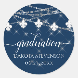 Navy Blue Fleur de Lis Fairy Light   Graduation Classic Round Sticker
