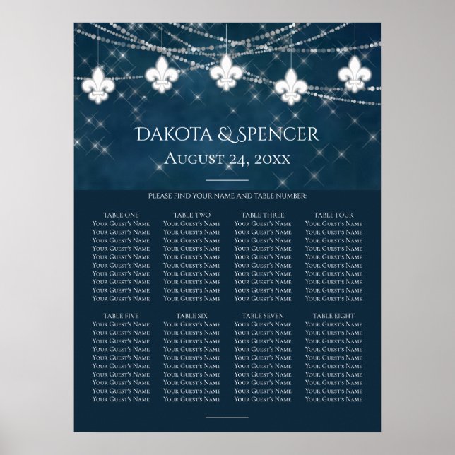 Navy Blue Fleur de Lis Fairy Light | Seating Chart (Front)