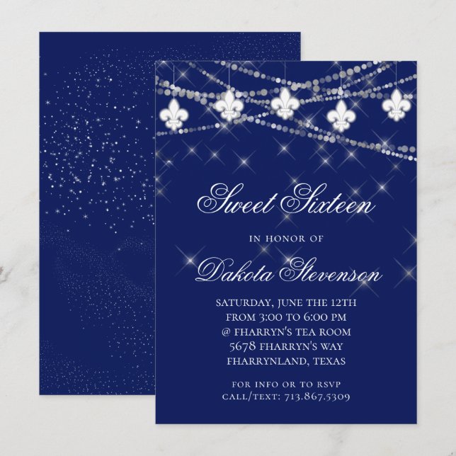 Navy Blue Fleur de Lis Fairy Light | Sweet 16 Invitation (Front/Back)