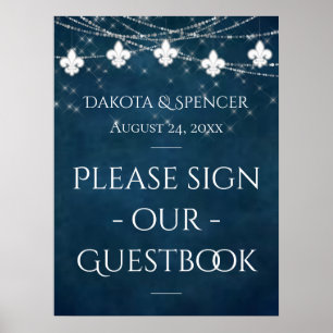 Navy Blue Fleur de Lis Fairy Light   Wedding Sign