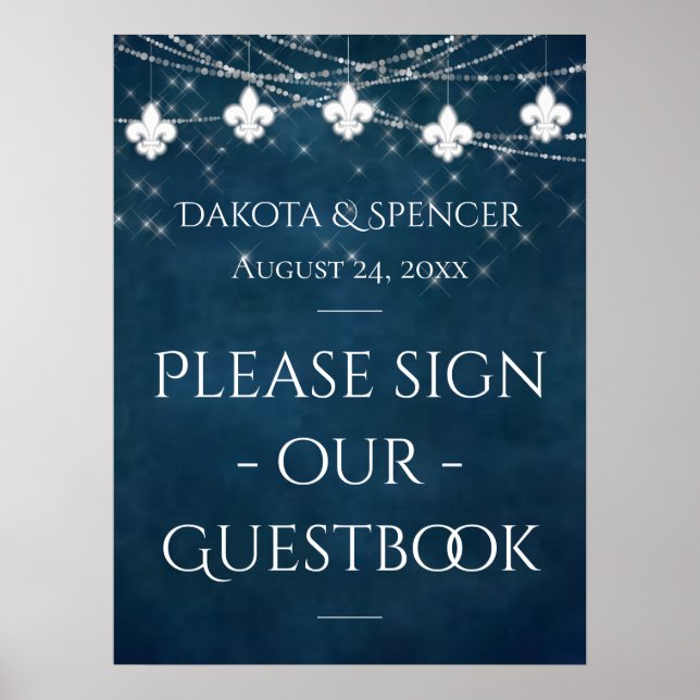 Navy Blue Fleur de Lis Fairy Light | Wedding Sign (Front)