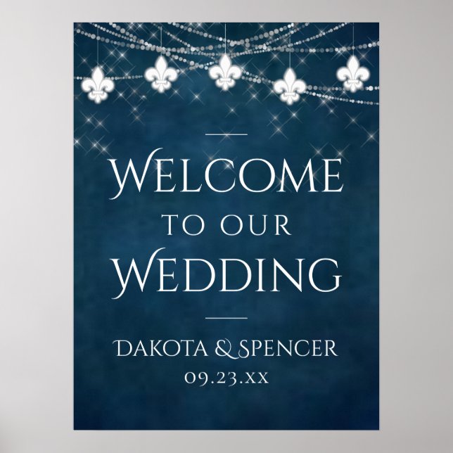 Navy Blue Fleur de Lis Fairy Light | Wedding Sign (Front)