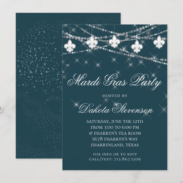 Navy Blue Fleur de Lis Light | Birthday Party Invitation (Front/Back)