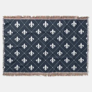 Navy Blue Fleur De Lis Luxury Damask Pattern Throw Blanket