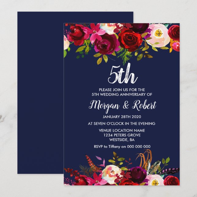 Navy Blue Floral 5th Wedding Anniversary Invite (Front/Back)