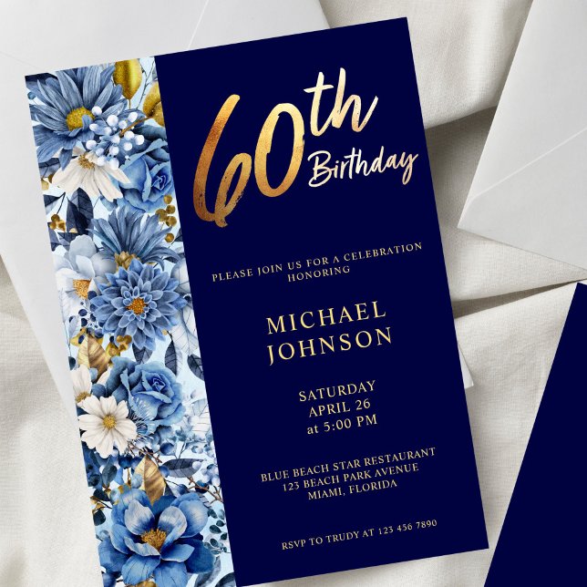 Navy Blue Floral 60th Birthday Party Invitation (Creator Uploaded)
