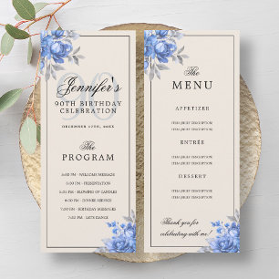 Navy Blue Floral 90th Birthday Party Program Menu Invitation
