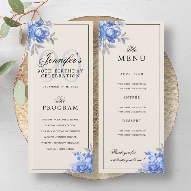 Navy Blue Floral 90th Birthday Party Program Menu  Invitation (Navy Blue Floral 90th Birthday Party Program Menu )