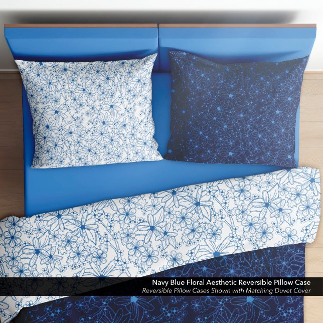 Navy Blue Floral Aesthetic Reversible Pillowcase (Navy Blue Floral Aesthetic Reversible Pillow Cases)