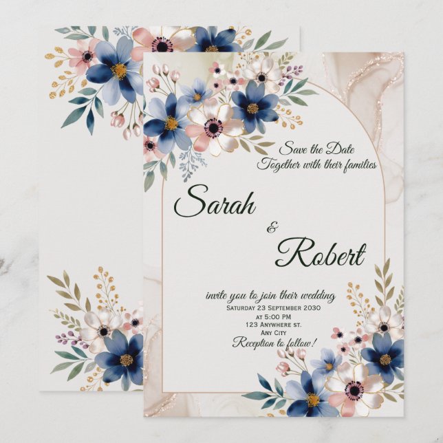 Navy Blue Floral Arch Beige Wedding Invitation (Front/Back)