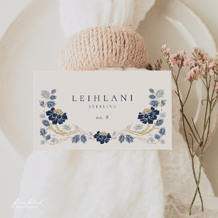 Navy Blue Floral Art Nouveau Flat Place Cards
