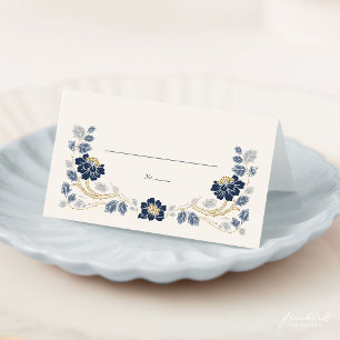 Navy Blue Floral Art Nouveau Folded Place Cards