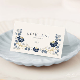 Navy Blue Floral Art Nouveau Folded Place Cards