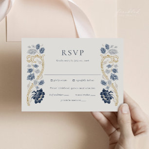 Navy Blue Floral Art Nouveau RSVP Card with Meals