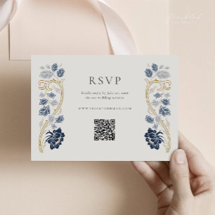 Navy Blue Floral Art Nouveau RSVP Card with QR