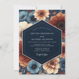 Navy Blue Floral Autumn Romance Wedding Invitation