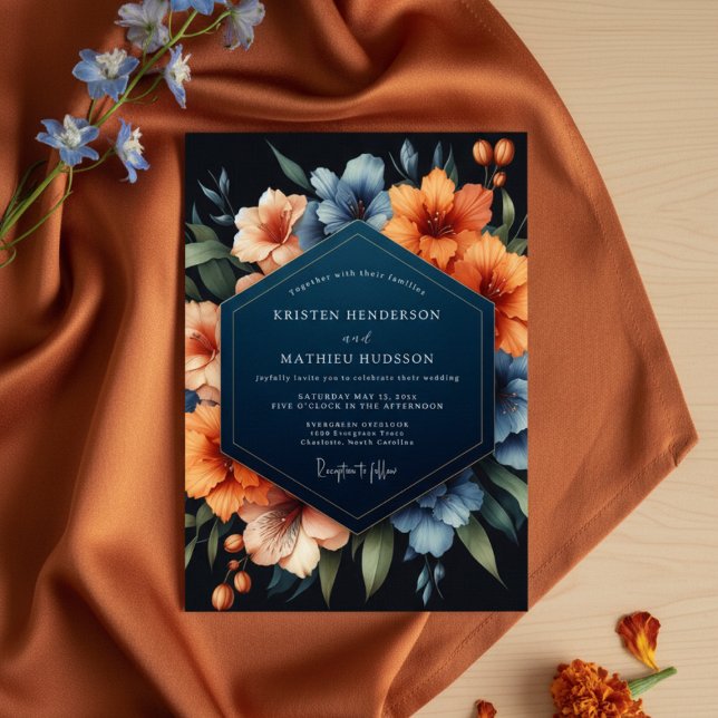 Navy Blue Floral Autumn Romance Wedding Invitation (Creator Uploaded)