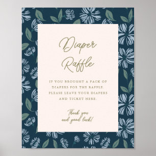 Navy Blue Floral Baby Shower 8x10 Diaper Raffle Poster