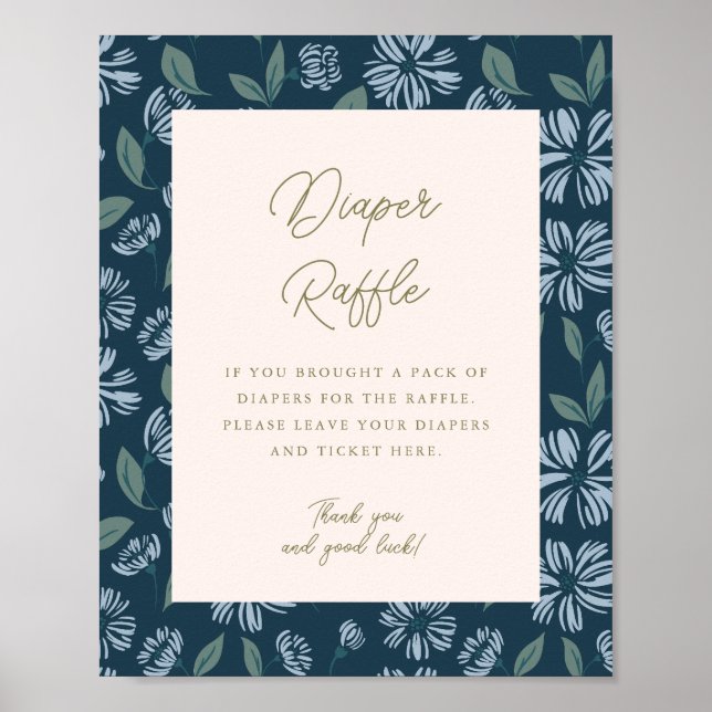 Navy Blue Floral Baby Shower 8x10 Diaper Raffle Poster (Front)