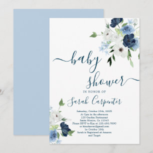 Navy Blue Floral Baby Shower Boy Invitation