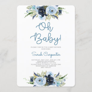 Navy blue floral baby shower boy invitation