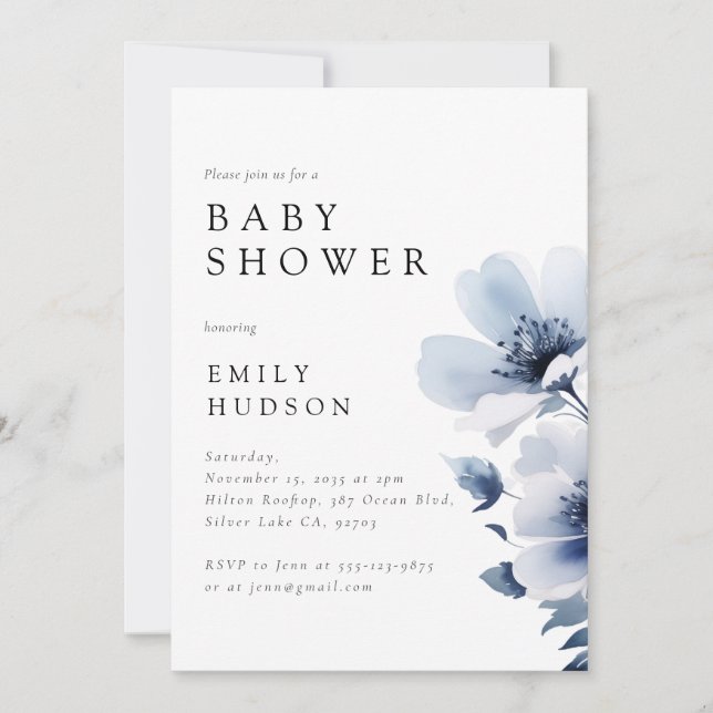 Navy Blue Floral Baby Shower Invitation (Front)