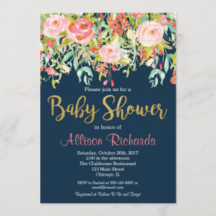 navy blue floral baby shower invitation