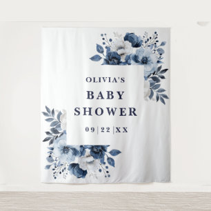 Navy Blue Floral Baby Shower Photo Backdrop Tapestry