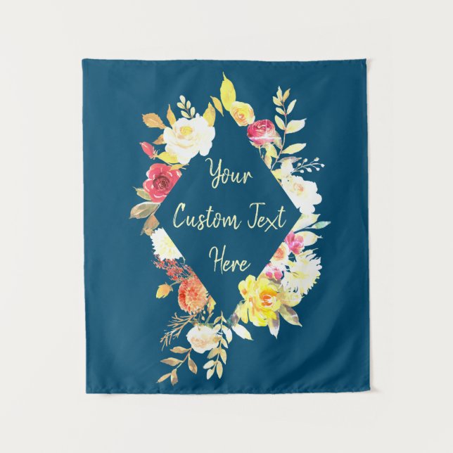 Navy Blue Floral Birthday Party Photo Booth Prop Tapestry (Front)