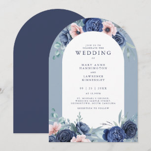 Navy Blue Floral Blush Pink Wedding Invitation