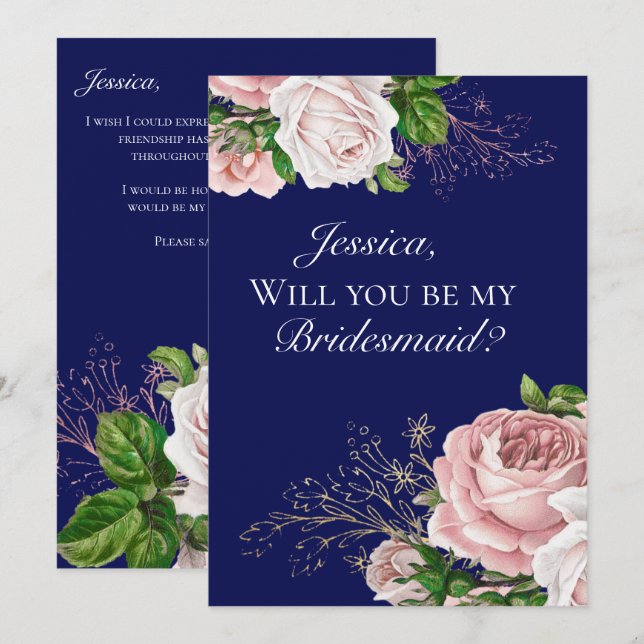 Navy Blue Floral Blush Roses Bridesmaid Invitation (Front/Back)
