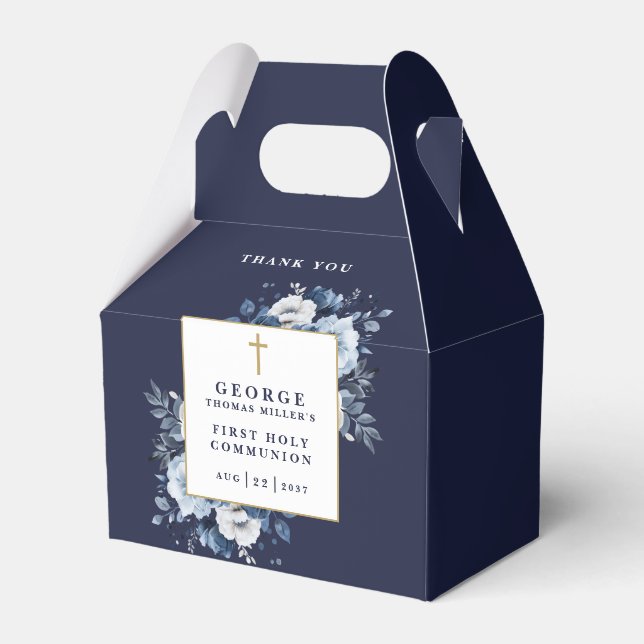 Navy Blue Floral Boho Holy Communion Favour Box (Back Side)