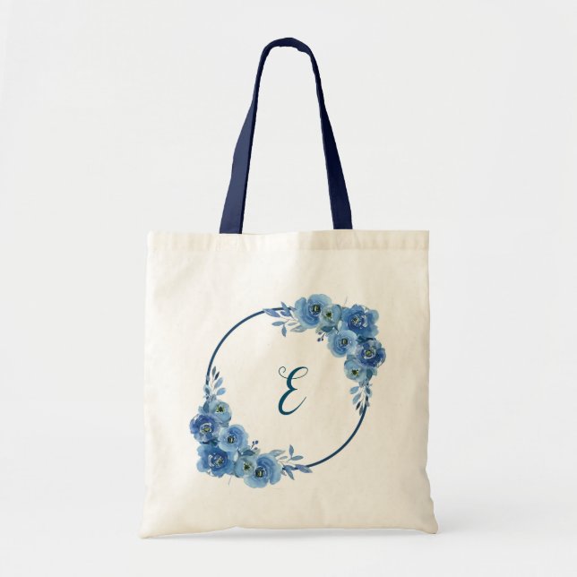Navy blue floral boho personalzied gift tote bag (Front)