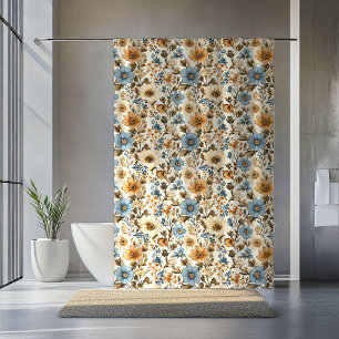 Navy Blue Floral Boho Terracotta Accent Curtain