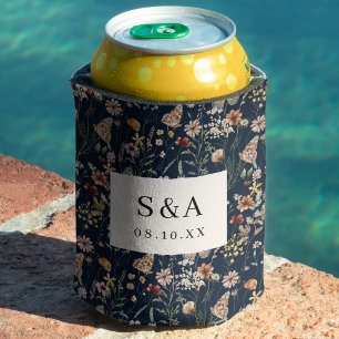 Navy Blue Floral Boho Wedding Can Cooler