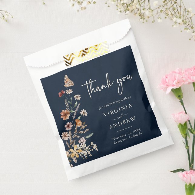 Navy Blue Floral Boho Wedding Favour Bag (Navy Blue Autumn Floral Boho Wedding Favor Bag with Butterfly by Painted Paperie
)