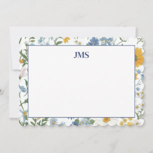 Navy Blue Floral Border Monogram Stationary Card