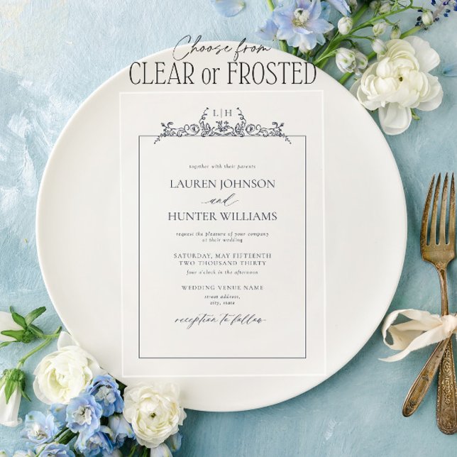 Navy Blue Floral Border Monogram Wedding Acrylic Invitations (Creator Uploaded)