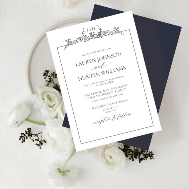 Navy Blue Floral Border Monogram Wedding Invitation (Creator Uploaded)